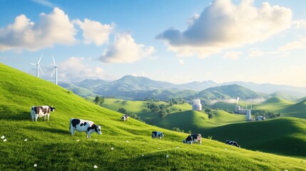 Fototapeta premium Rolling hills with cows and energy turbines overhead