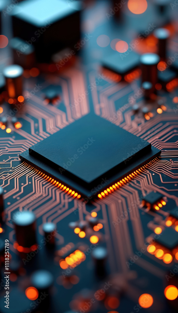 Aufkleber Close-up view of complex computer circuit board. Intricate copper traces, components highlighted. Central processor unit chip prominent with glowing connections. High tech modern electrical