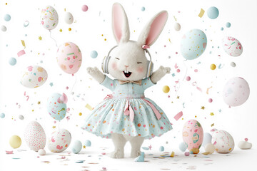 Big-Headed Rabbit Dancing Under Moonlight Party in Elegant Easter Dress and Headphones , Concept party easter day
