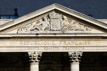 ROUEN, NORMANDY, FRANCE: City Hall main building, on General de Gaulle Square, sunny facade with republican motto and French flag