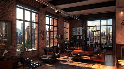 Naklejka premium Sunlit loft apartment with exposed brick walls, large windows offering city views, and mid-century modern furniture.