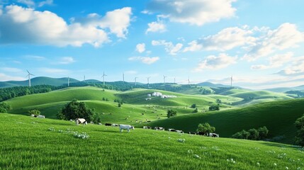 Obraz premium Pastoral landscape of grassland with wind turbines