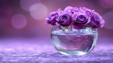 Delicate purple roses in a glass bowl, soft bokeh background.