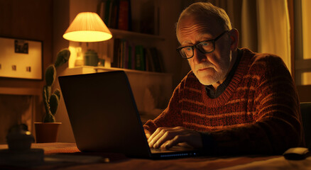 Um homem mais velho usando óculos parece profundamente focado na tela de seu laptop, sentado em uma sala bem iluminada que cria uma atmosfera aconchegante e contemplativa