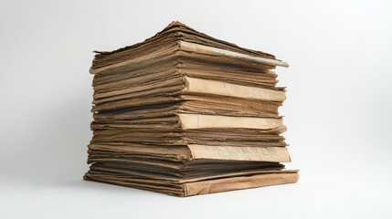 Naklejka premium A stack of aged and vintage newspapers carefully arranged in a pyramid shape, set against a white background