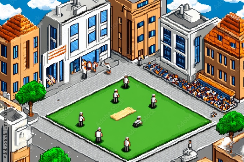 Poster a pixel art cricket match with tiny animated players, a cheering crowd, and a detailed green field i