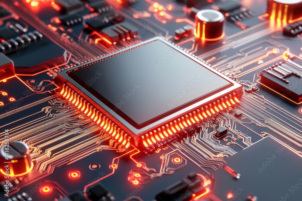 Poster A pixel art depiction of a CPU on a vibrant 8-bit circuit board, with glowing animated pathways and retro electronics aesthetics