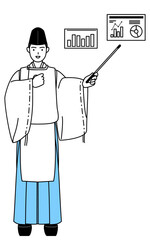 Priest of the shrine, wearing a Eboshi and Kariginu, analyzing a performance graph.