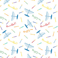 Happy Hanukkah with traditional hanukkiyah and lit candles seamless pattern on a white background