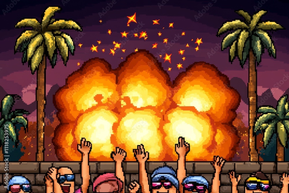 Poster A pixel art depiction of a crowd cheering at a retro video game tournament, with vibrant pixelated characters and dynamic animations
