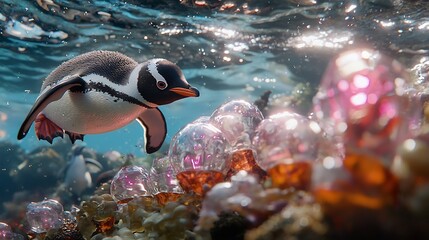 A Guiding Penguin Showcases Glowing Underwater Sculptures in a Vibrant Oceanic City