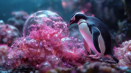Penguin Tour Guide Showcasing Glowing Underwater Sculptures in a Vibrant Oceanic City