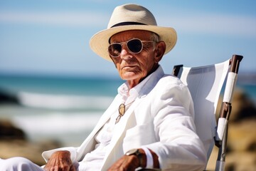 An elderly man enjoys a peaceful day sitting in a chair on the seashore. Generative AI.