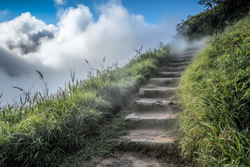 Fototapeta premium Staircase leading into the clouds on a misty mountain trail