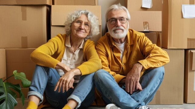 Elderly couple relaxes amidst moving boxes in their new home after a long day of packing