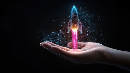 Futuristic rocket launch in hand; innovative technology, startup, new beginnings, digital transformation, progress concept.
