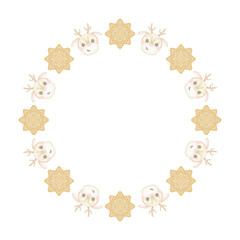 gingerbread, deer. Watercolor round frame template for text on white background in pastel colors for textile and packaging paper. Cute Christmas illustration