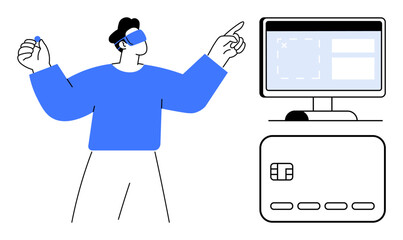 Man wearing VR headset, pointing and holding object, interacts with digital interface on monitor and card. Ideal for fintech, virtual reality, gaming, digital payments, e-commerce, tech innovation