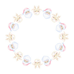 Santa, deer. Watercolor round frame template for text on white background in pastel colors for textile and packaging paper. Cute Christmas illustration