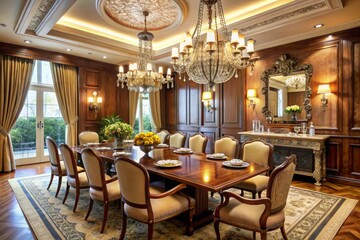 Luxurious dining room with ornate decor, chandelier, and rich furnishings, opulent and elegant interior
