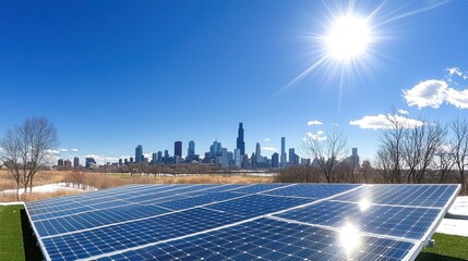 Snowy landscape with solar panels and city skyline