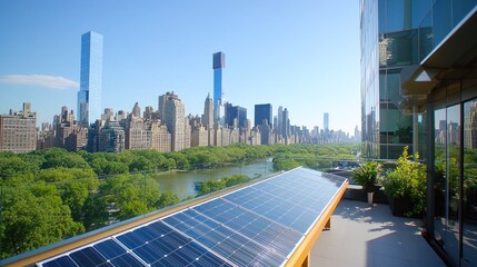 Rooftop solar panels with city park view ahead.