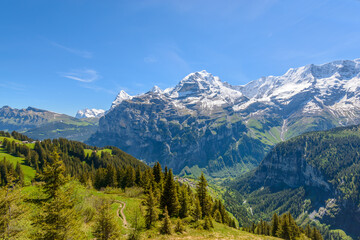 The Swiss Alps at Murren, Switzerland. Jungfrau Region. The valley of Lauterbrunnen from Interlaken.