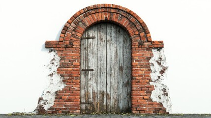 A weathered red brick gate archway with a rustic aesthetic, isolated on a crisp white background