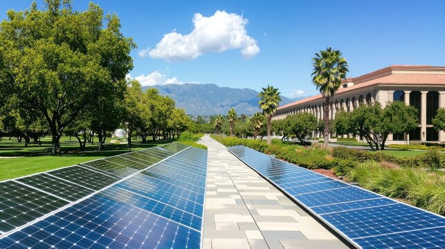 Academic campus with solar panels and clear skies