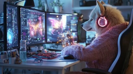 Wolf Graphic Designer Creating Glowing Neon Advertisements in Creative Studio