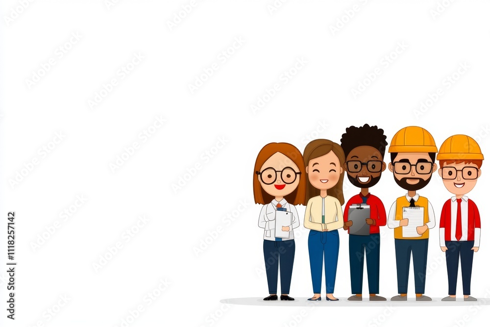 Poster a simple illustration of diverse figures standing side by side, represented in bold colors and clean