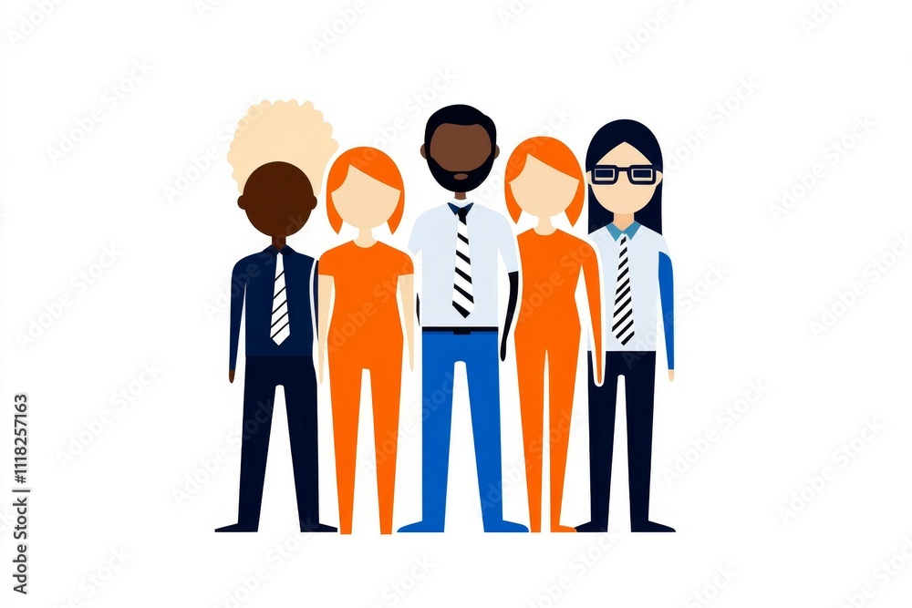 Poster a simple illustration of diverse figures standing side by side, represented in bold colors and clean