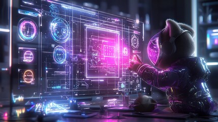 Animalistic Graphic Designer Wolf Creates Neon Advertisements in Futuristic Creative Studio