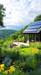 Flower-filled garden surrounds modern solar house.