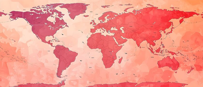 A pink background with a yellow and pink map of the world with hearts on it