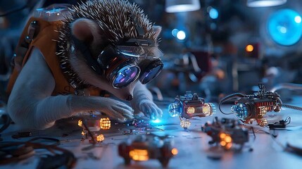 Hedgehog Toy Maker Crafting Glowing Robotic Toys in Whimsical Workshop