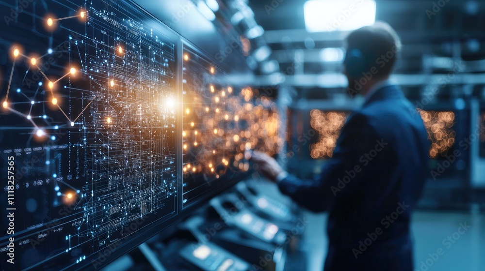 Poster professional working in high-tech control room with data visualization