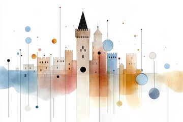 A soft watercolor painting of a neighborhood block party, with delicate splashes of color capturing the festive atmosphere