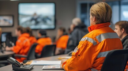 Workers participating in emergency operations briefing at a crisis management center