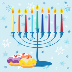 Happy Hanukkah greeting card with a traditional Hanukkiyah and nine long lit candles with three colorful jelly donuts on a starry background