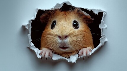 Cute guinea pig peeks through hole in white paper. Funny expression. Adorable pet photo. Suitable for pet magazine cover pet product ad. Small animal portrait. Fluffy fur. Isolated on white