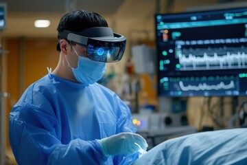 Surgeon using augmented reality technology in an operating room.