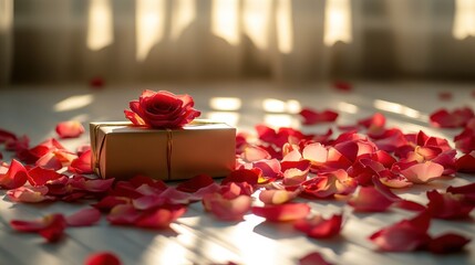 Romantic gift box with rose and petals.