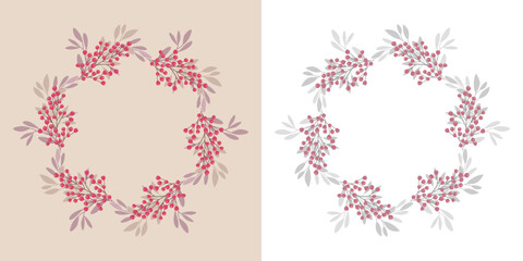Świąteczny wianek z gałązek i czerwonych jagód. Okrągłe ramki do designu na Boże Narodzenie i Nowy Rok. Dekoracyjne świąteczne elementy. Ilustracja wektorowa. © Monika