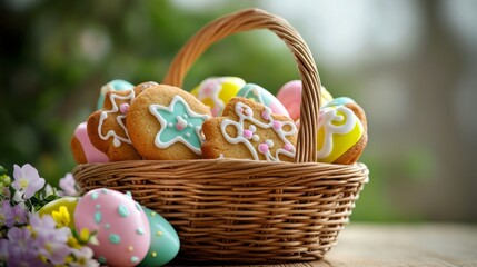 Fototapeta premium Easter greeting card with glazed cookies and colorful easter eggs in basket . With copy space