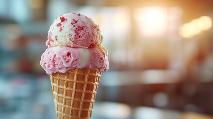 Two scoops of strawberry and vanilla ice cream in a waffle cone.