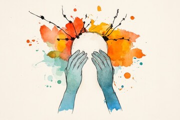 Naklejka premium A vibrant watercolor depiction of hands performing CPR on a mannequin, surrounded by abstract splashes of color