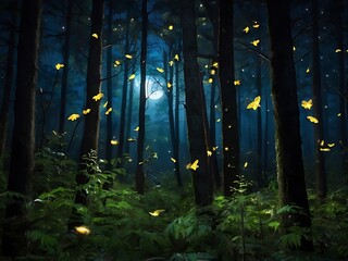 Enchanting Moonlit Forest With Glowing Butterflies