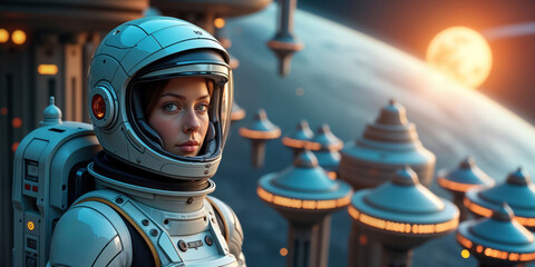 Female astronaut in futuristic space suit stands in front of futuristic space station. Woman looks directly at camera. Wears protective helmet. Alien planet background. Likely on space exploration