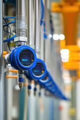 Industrial setup featuring digital pressure gauges on piping systems.